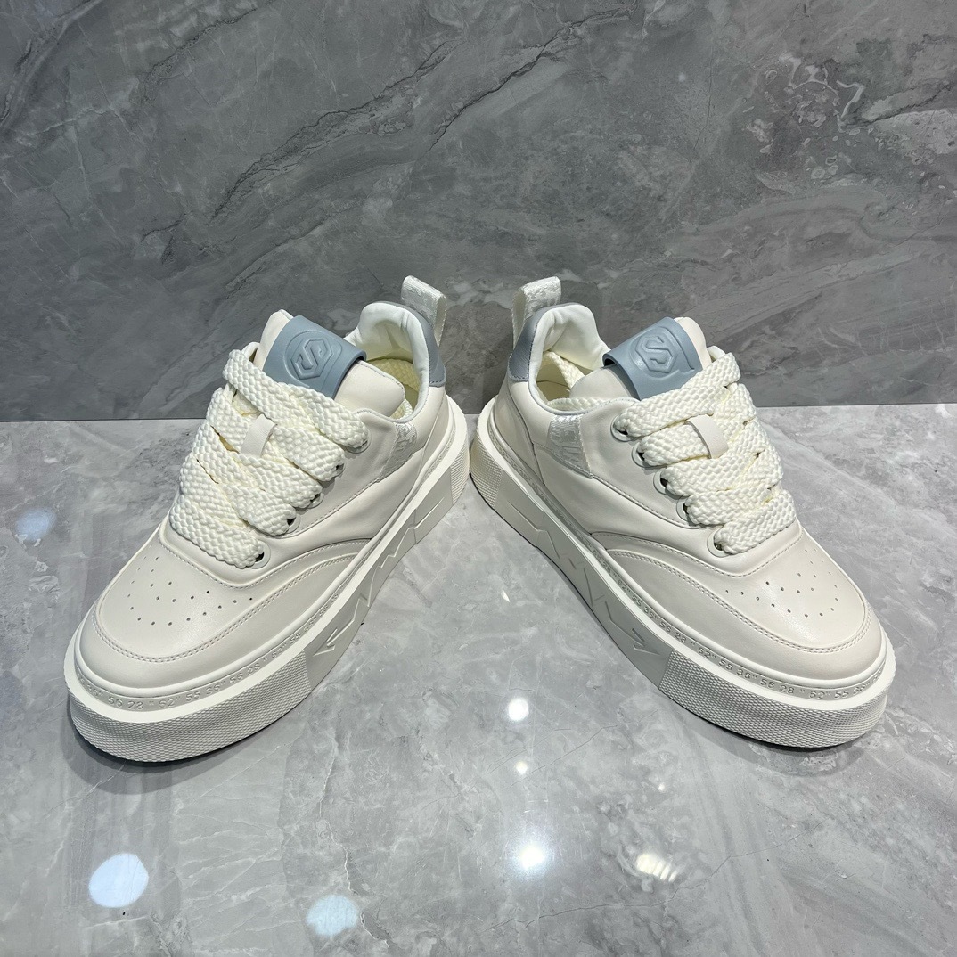 Street style design thick-soled genuine leather white sneakers for men, trendy lace-up round-toe board shoes, Japanese breathable single shoes for young men Specification image