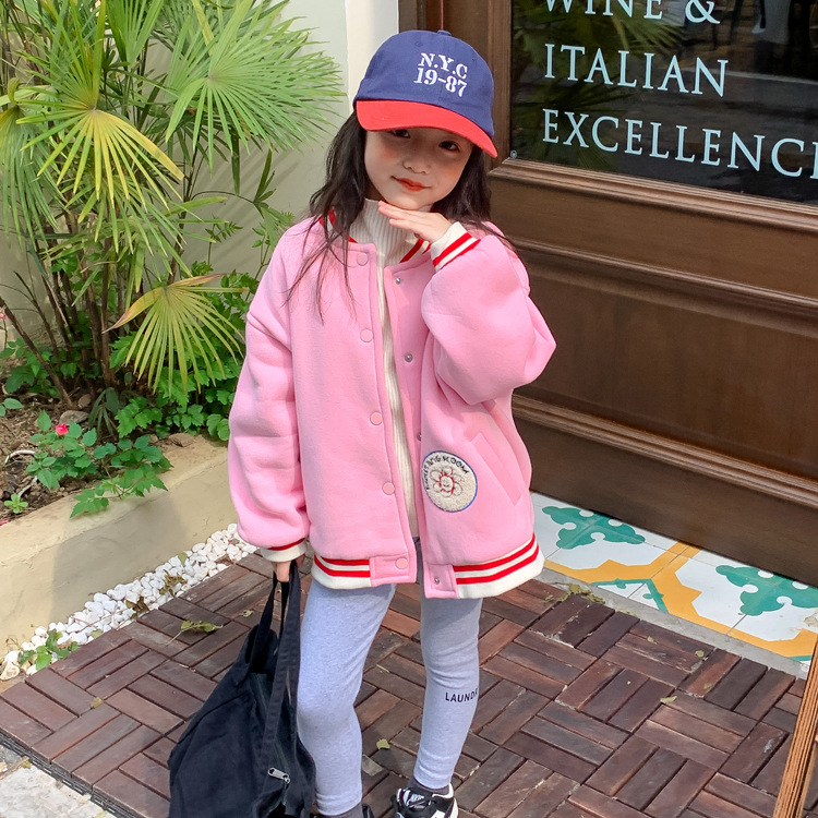 TCkids2022AW Autumn/Winter Edition fleece thickened embroidered label pink baseball jacket