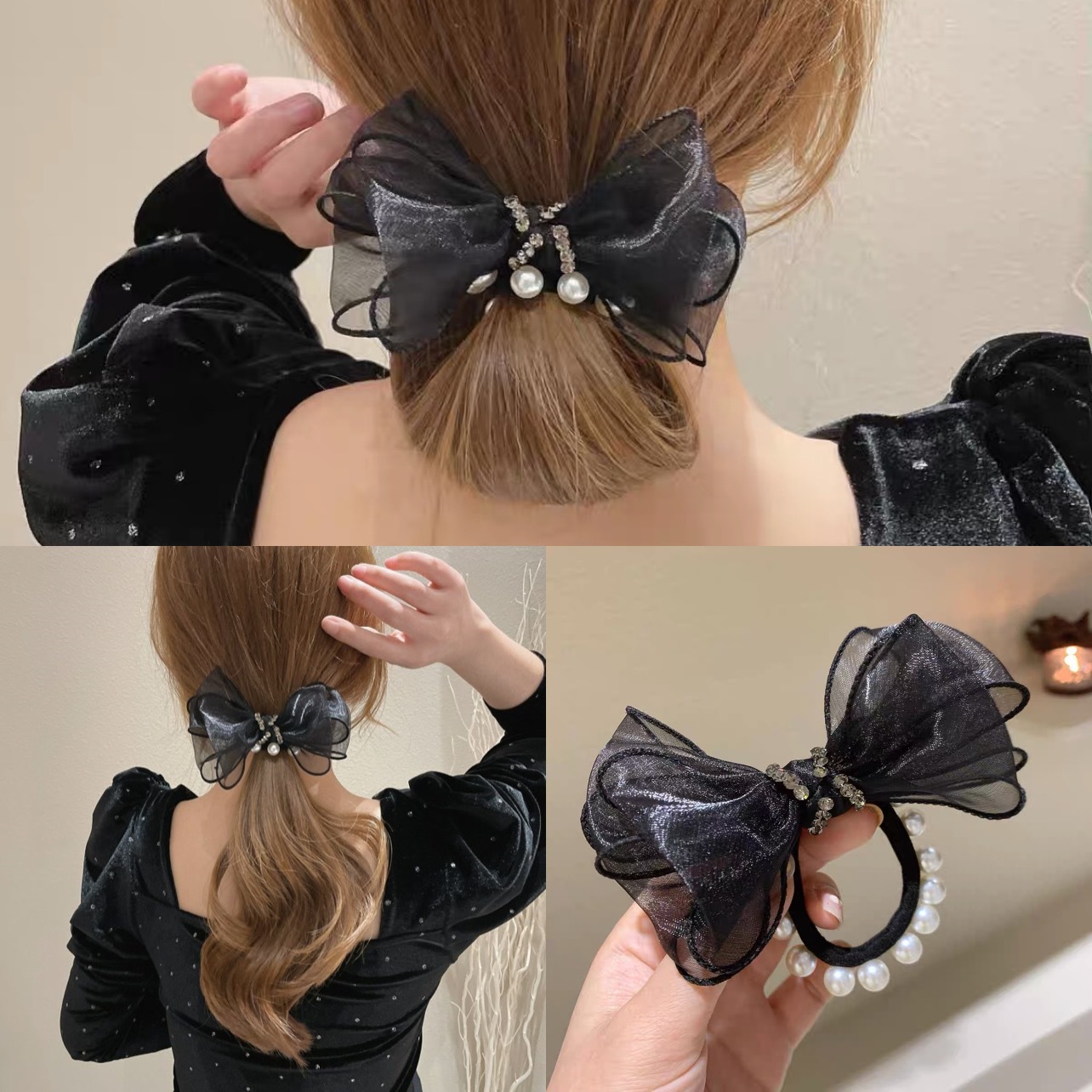 A new Korean version of fashionable lace bow hair tie, diamond knot, pearl hair band, bun hair and leather band hair accessory for women