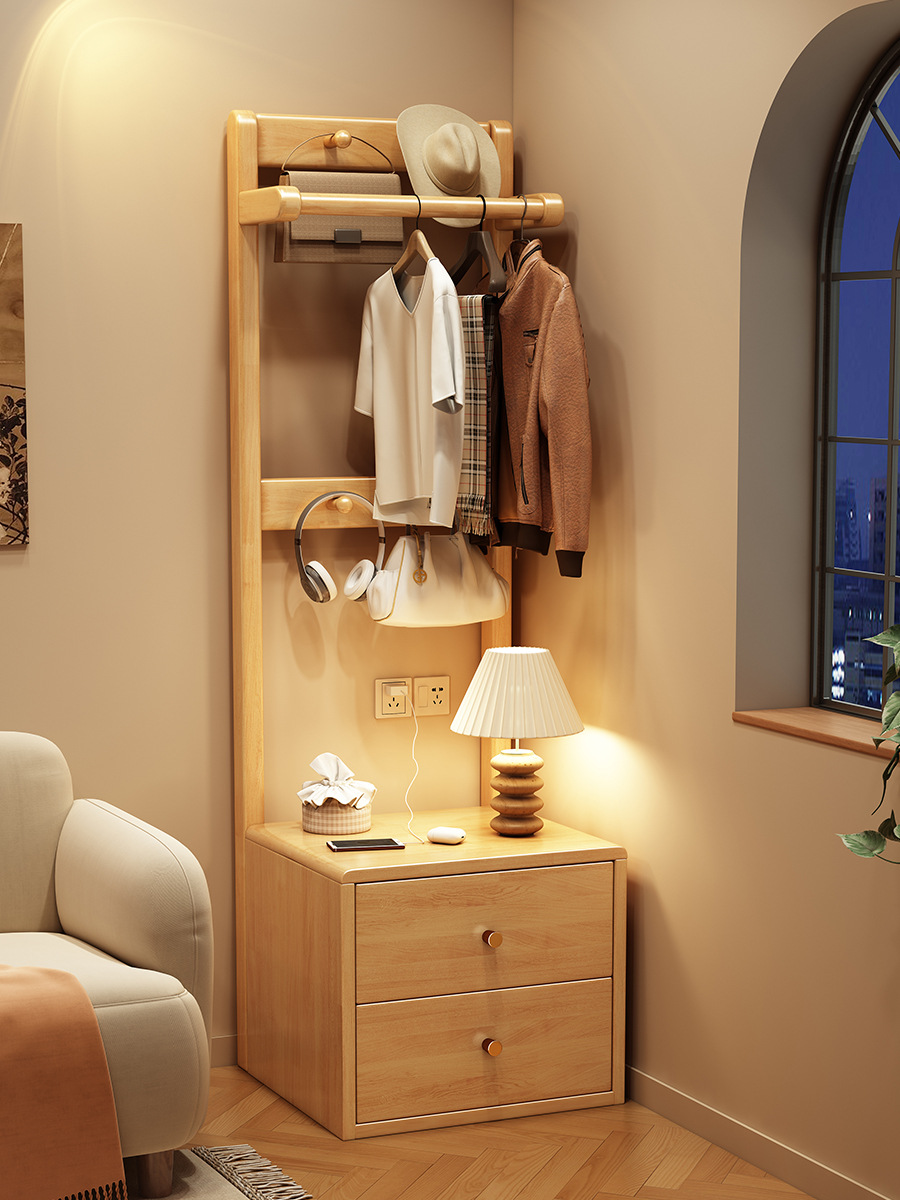 Solid Wood Coat And Hat Stand Floor To Floor Hangers Small Apartment Type Entryway Shelf Bedroom Bedside Table One Clothes Storage Rack Specification drawing