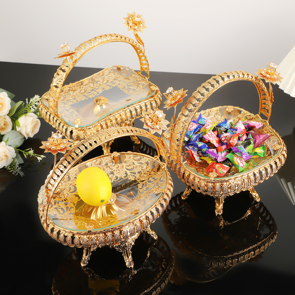 精美金属水果篮轻奢复古椭圆水果篮欧式客厅茶几果篮提篮装饰摆件