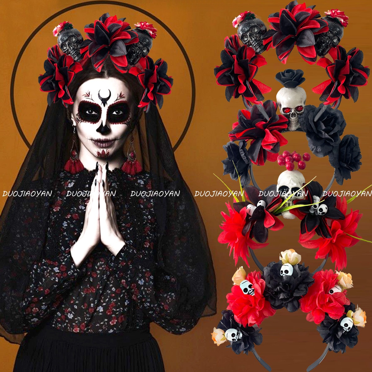 Cross-border new dark-themed Halloween headband simulation fabric flower skull hair accessory for the Day of the Dead style headband girl full figure