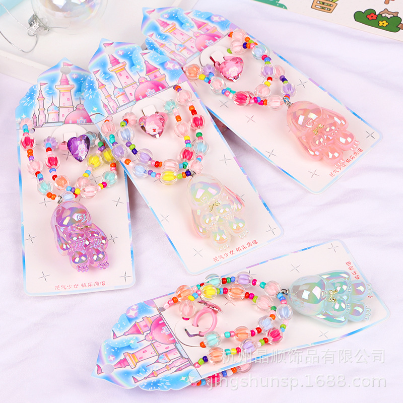 Cartoon Rabbit Glitter Necklace Three-Piece Set Ring Bracelet Beaded Baby Toy Gift Girls Jewelry