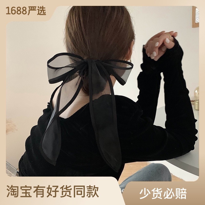 黑色蝴蝶结发圈批发创意飘带大肠圈后脑勺珍珠发绳气质水钻扎头绳