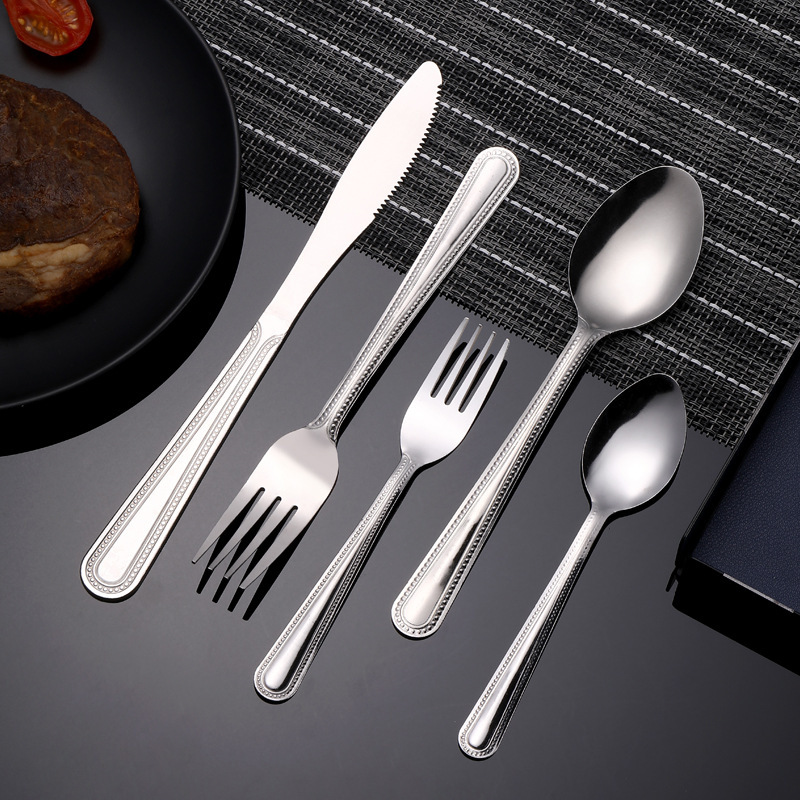 Manufacturer cross-border wholesale hotel steak knife, fork and spoon sets, Western household 410 creative patterned stainless steel tableware