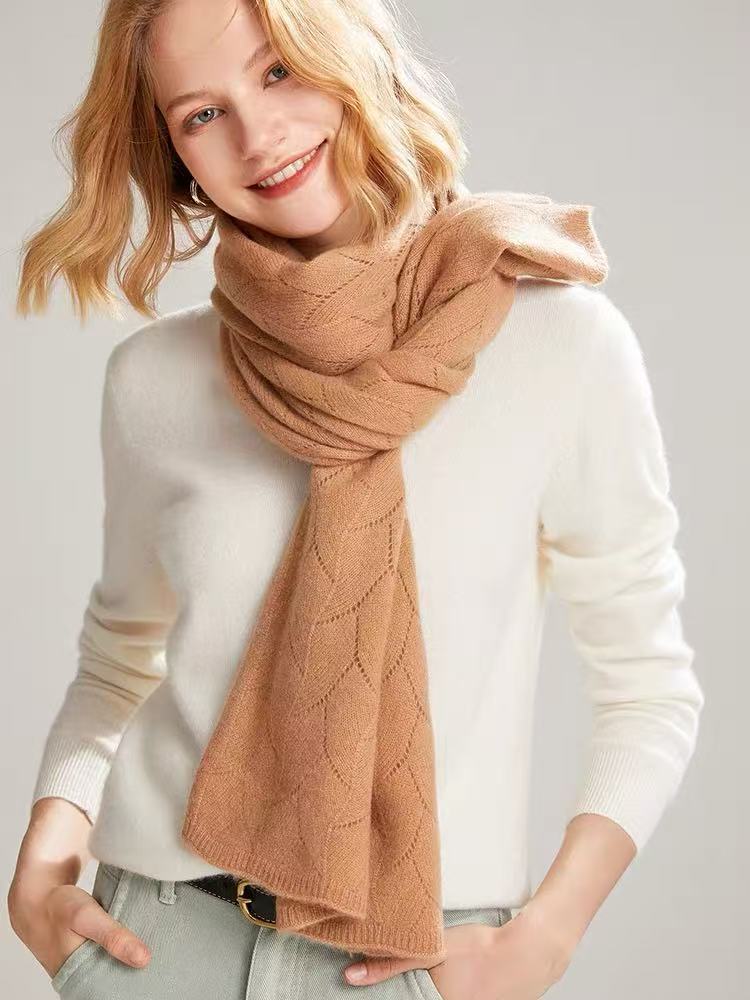 2025 Autumn/Winter new 100% pure wool scarf for women, Korean style warm knitted versatile shawl, long hollowed-out scarf pic 5
