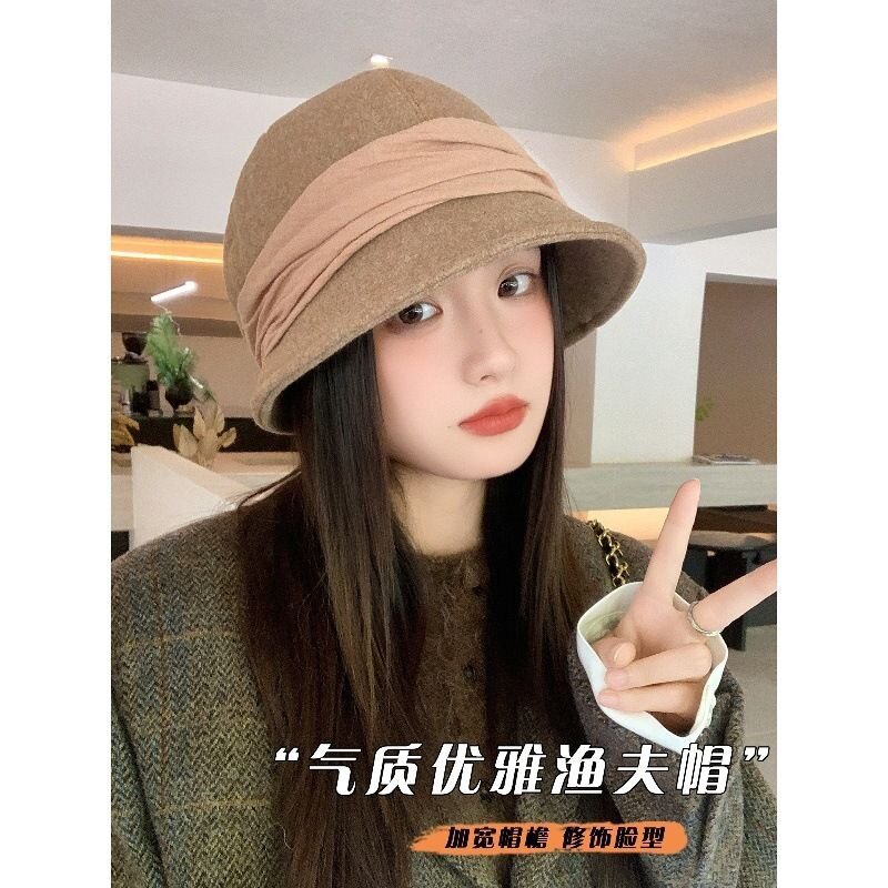 2025春秋季新款毛呢渔夫帽子女宽檐显脸小气质优雅绑带盆帽水桶帽详情1