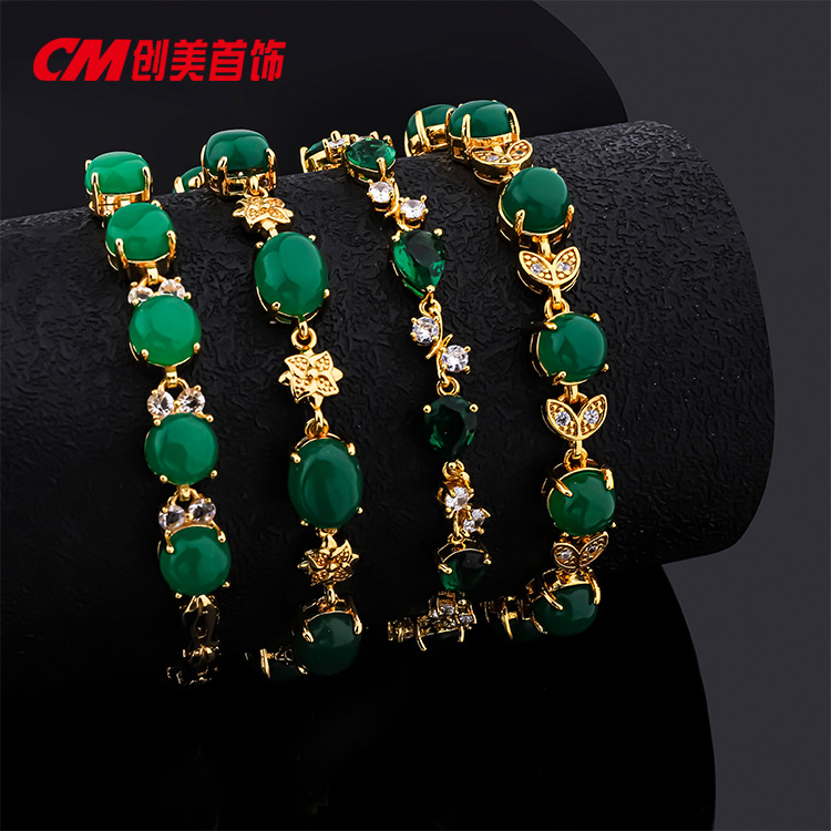 Chuangmei Jewelry's retro imitation jade emerald bracelet, ethnic style peace pendant and gold-plated jewelry