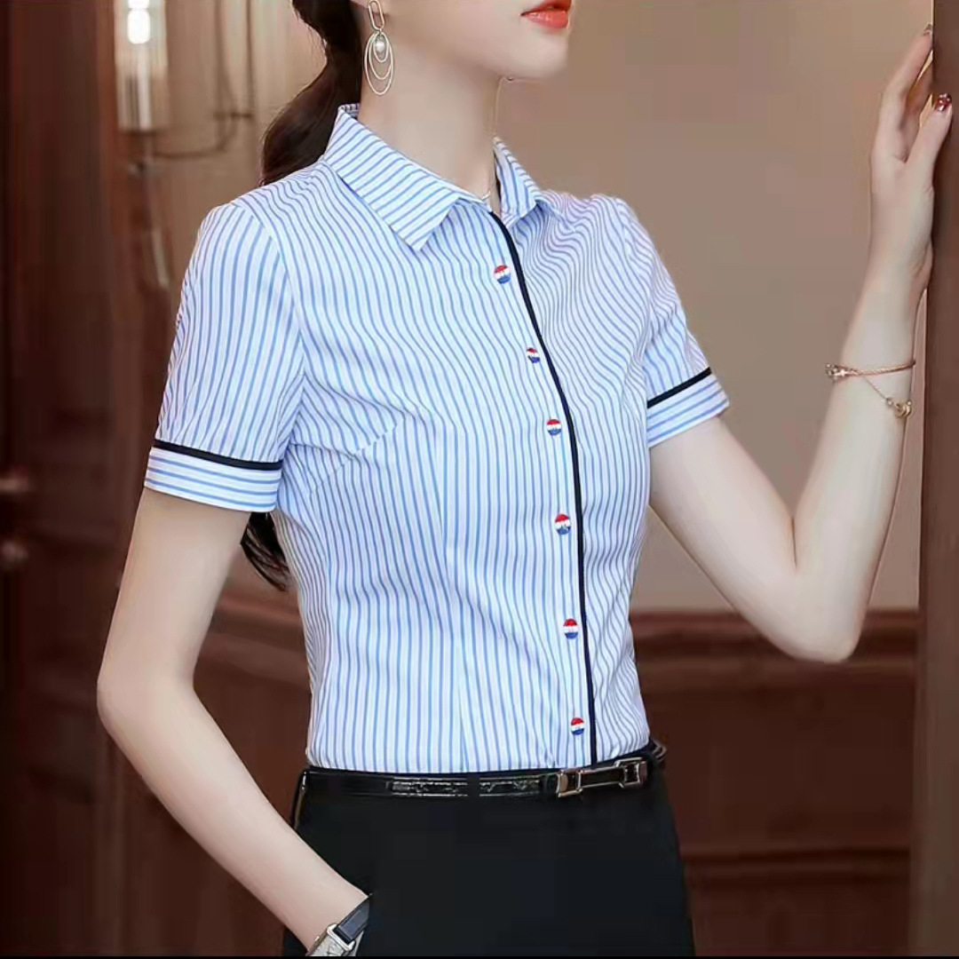 The 2024 new style of professional shirt for women, a short-sleeved blue and white striped white-collar business shirt, is simple and elegant details Picture