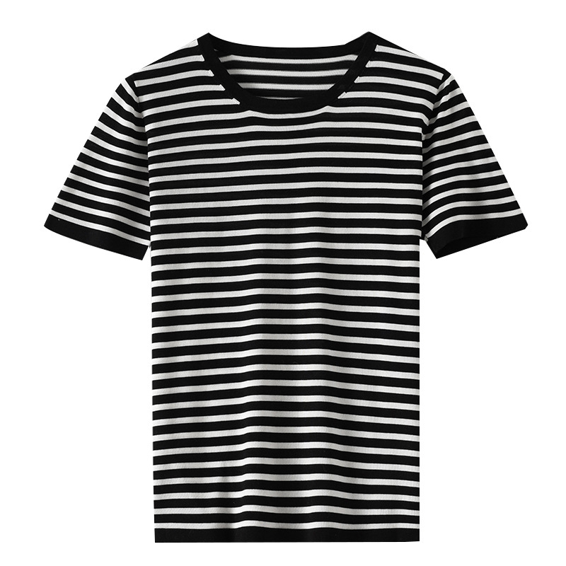 Summer Tencel striped short-sleeved T-shirt for women, 2025 new style top base layer, shoulder top, half-sleeved inner layer, loose Item Picture