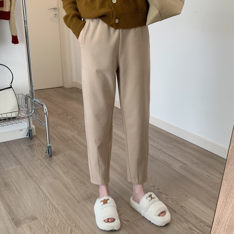 Coffee-colored woolen Harem pants for women, autumn and winter Korean version, 9-point high-waisted, petite, loose and casual, petite grandma radish details Picture