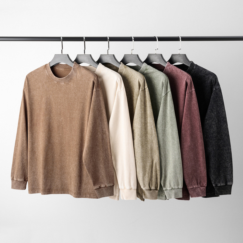 American retro 230g pure cotton aged stir-fried snowflake long-sleeved T-shirt for men, new autumn men's gradient loose top Specification image