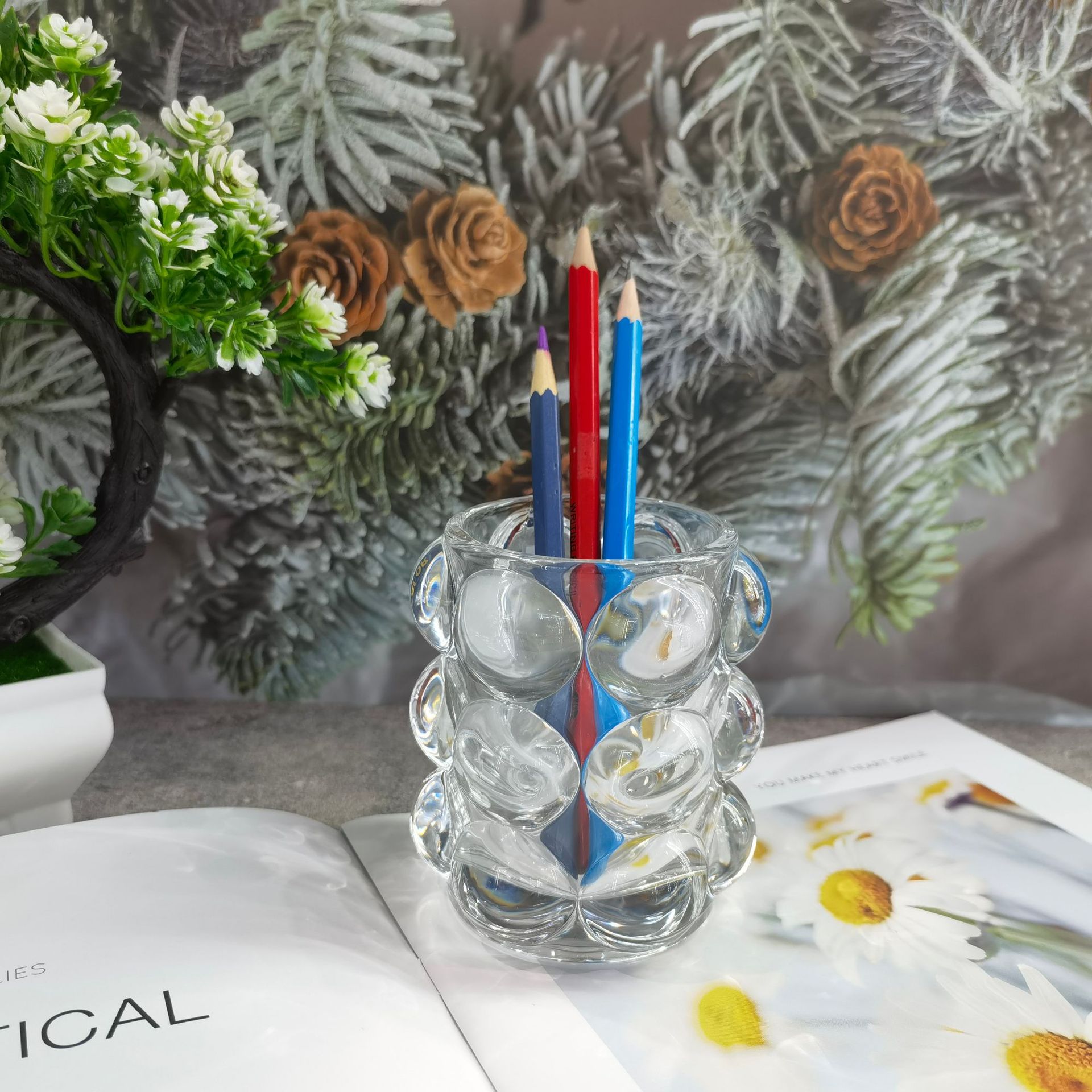 Multi-Purpose Transparent Glass Glass Glass Glass Glass Juice Milk Glass Large Bead Point Bubble Pen Holder Dazzling Color Makeup Brush Storage Bucket Specification drawing
