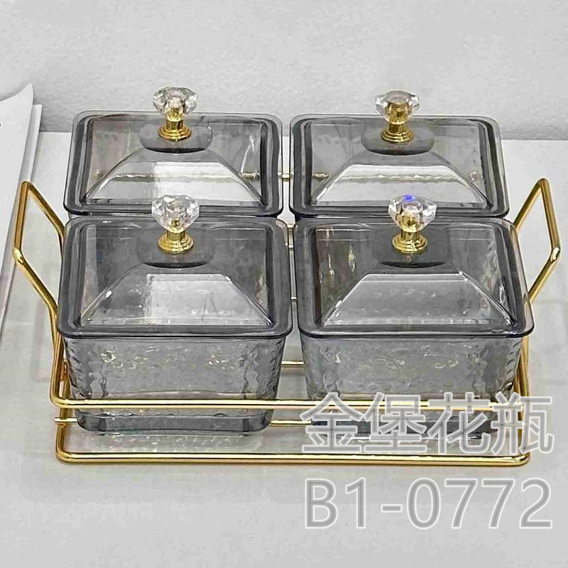 Glass divider fruit plate Commercial snack snack snack plate Bar bath foot club four bar plate with lid Golden castle vase seasoning box details Picture