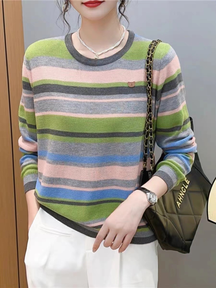 yms073 2024 Autumn New Loose pullover round neck thin knitted sweater Women's wool striped long-sleeved base layer Specification image