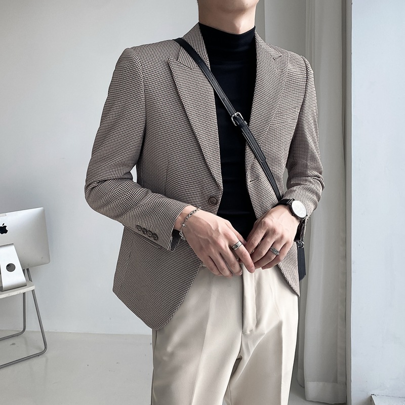 Autumn's new men's fitted checkered drape suit, a youth trend suit, a Korean-style light mature coat top Specification image