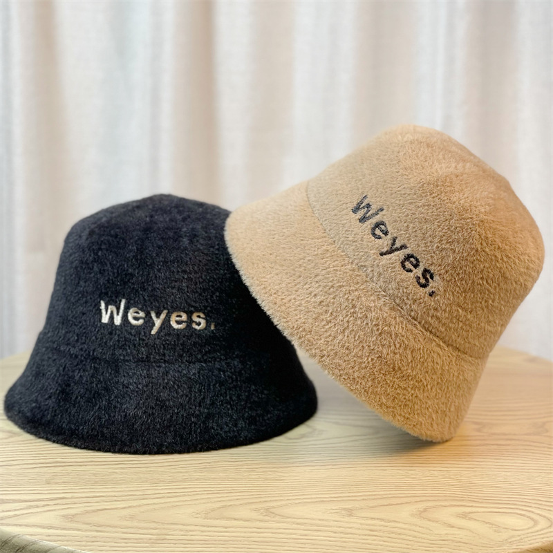 New Hat For Women Autumn-Winter Plush Warm Fisherman Hat Embroidered Letter Mink Hair Top Hat Cover Face Bucket Hat Basin Hat Specification drawing