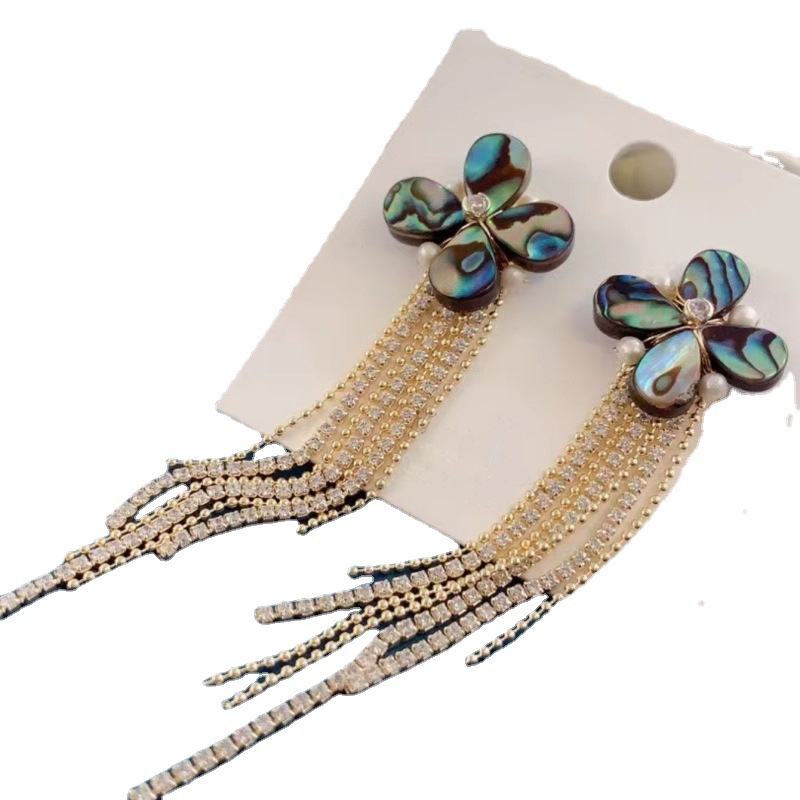 Ed082012 Light Luxury Abalone Shell Pearl Fringe Earrings Senior Sense Earrings Retro New Flower Long Fringe Item Picture