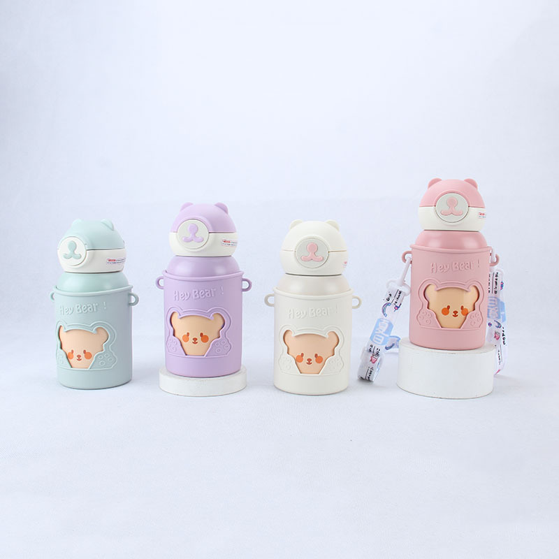 Bear Version Head Cute Student Boys And Girls Strap Children Pot Straw Silicone Sleeve Stainless Steel Insulated Water Cup Small Fresh 1