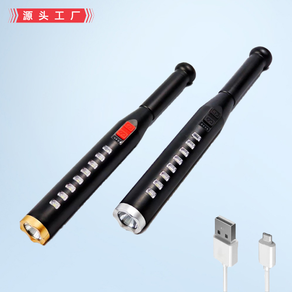 跨境新款强光手电筒棒球棒电筒户外巡逻USB充电COB多功能手电批发图