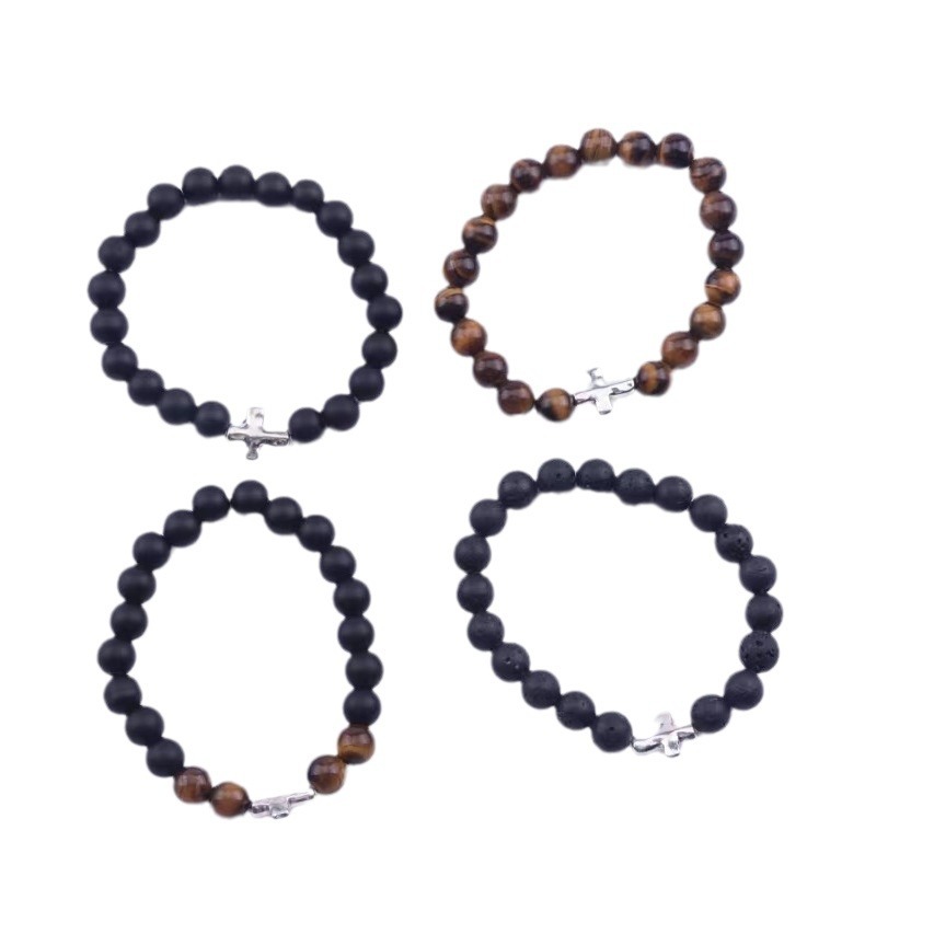 Europe And The United States Foreign Trade Hot Fashion High-Grade Natural Stone Volcanic Stone Tiger Eye Stone Men's Bracelet Personality Handmade Beaded Cross Hand String Couple Gift Manufacturers Wholesale Item Picture