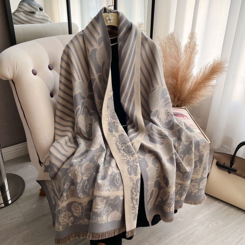 2024秋冬新款仿羊绒围巾女山茶花百搭围脖长款加厚保暖披肩直播