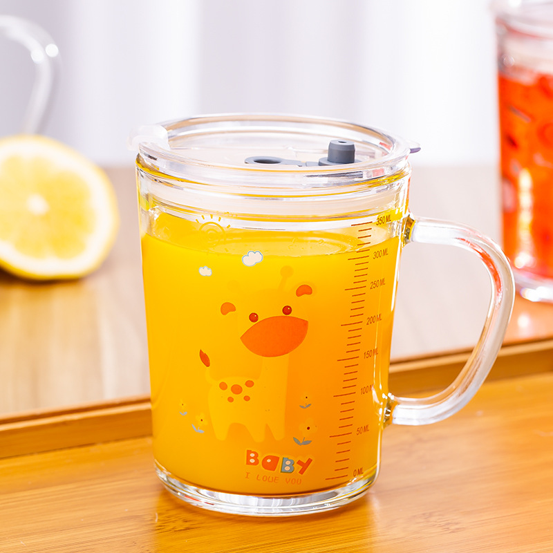 Glass Large Capacity Milk Cup Children's Straw Cup Cartoon Household Cup With Graduated Lid Cup Cute Water Cup details Picture