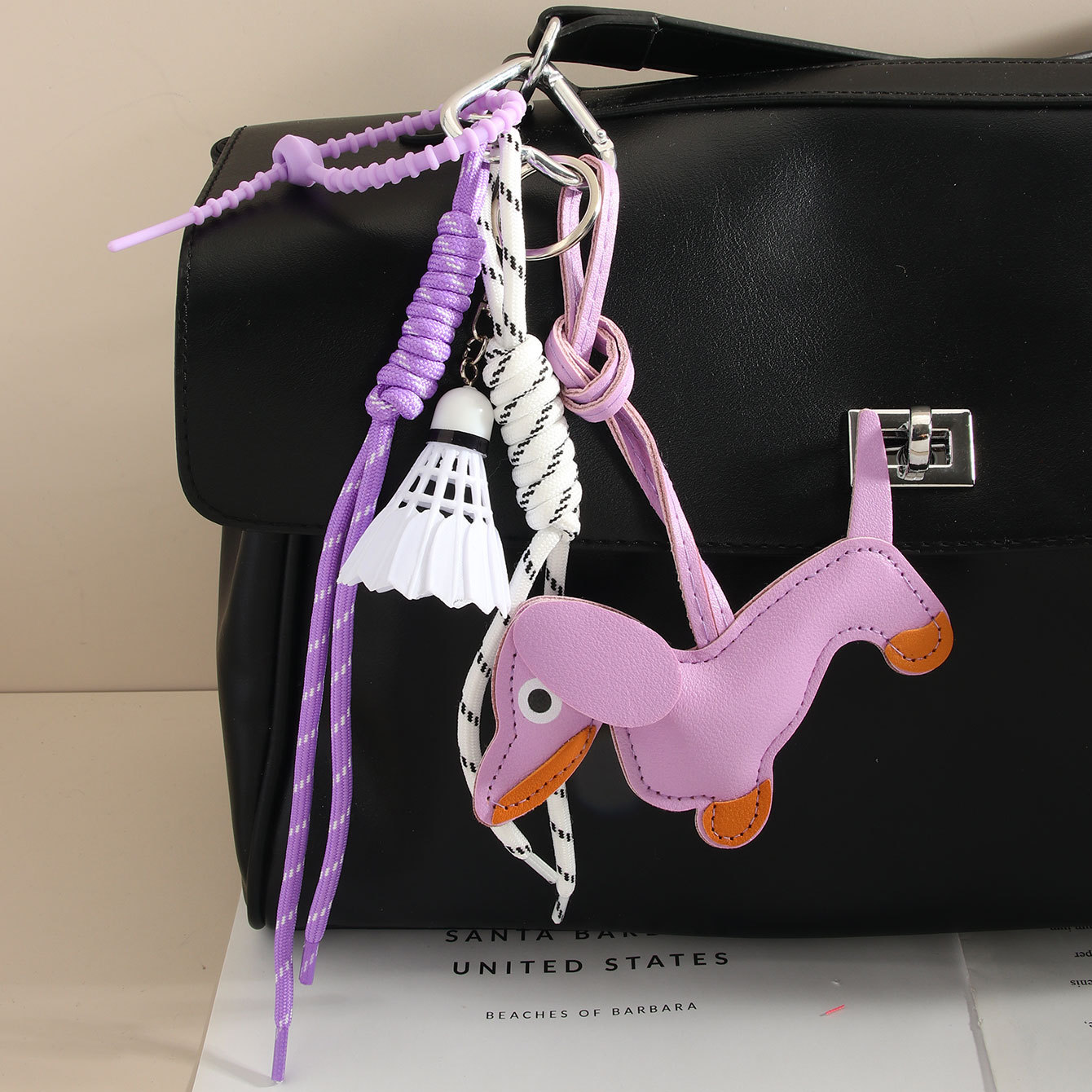 Ins-style cute leather dachshund puppy bag pendant, keychain, miu tie lanyard, badminton woven rope pendant details Picture