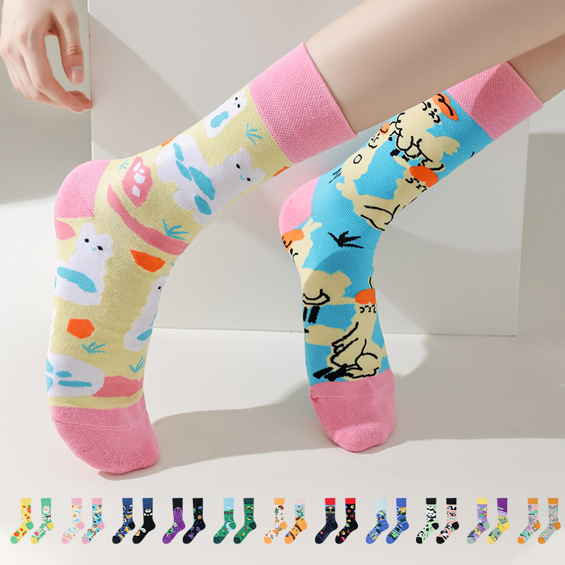 Original Design Men And Women Ab Asymmetrical Tide Socks Ins Style Street Personality Cartoon Ab Creative Men And Women's Mid-Tube Socks