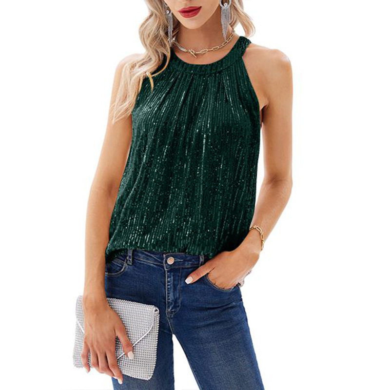 In the summer of 2025, Amazon cross-border has launched a new solid-color halter vest for women with a sequined texture and a slightly elastic halter strap Item Picture