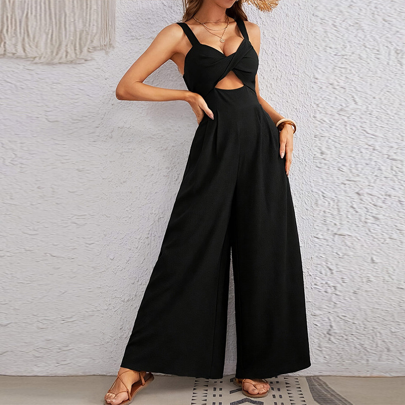 ZHMJP2316-BK European and American Amazon Cross-border Summer Women's Wear ins Fashion round-neck tie Slim Jumpsuit