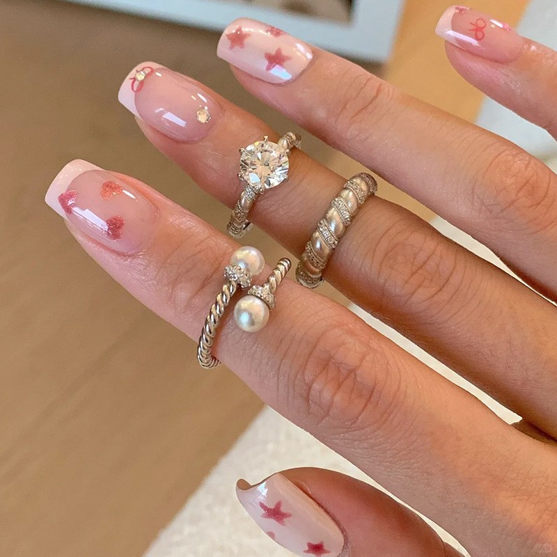 French-style niche design, brushed micro-set hexagonal diamond ring, plain silver ring, women's high-end texture, layered ring details Picture