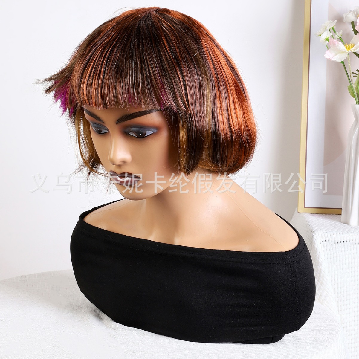 A new 14-inch female wig for students with a straight bangs Bob, made of synthetic fiber and dyed wholesale wigs Specification image