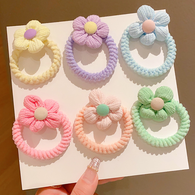 Korean Version Of Color Contrast Flowers Thick Head Rope Girl Hair Ponytail Hair Band 2023 New Children's Leather Band Flower Headwear Application Scenario