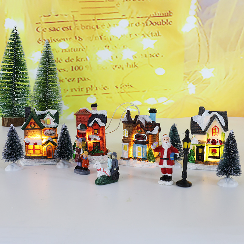 Cross-border new Christmas decoration resin small house micro-landscape resin house Christmas glowing small house set Specification image