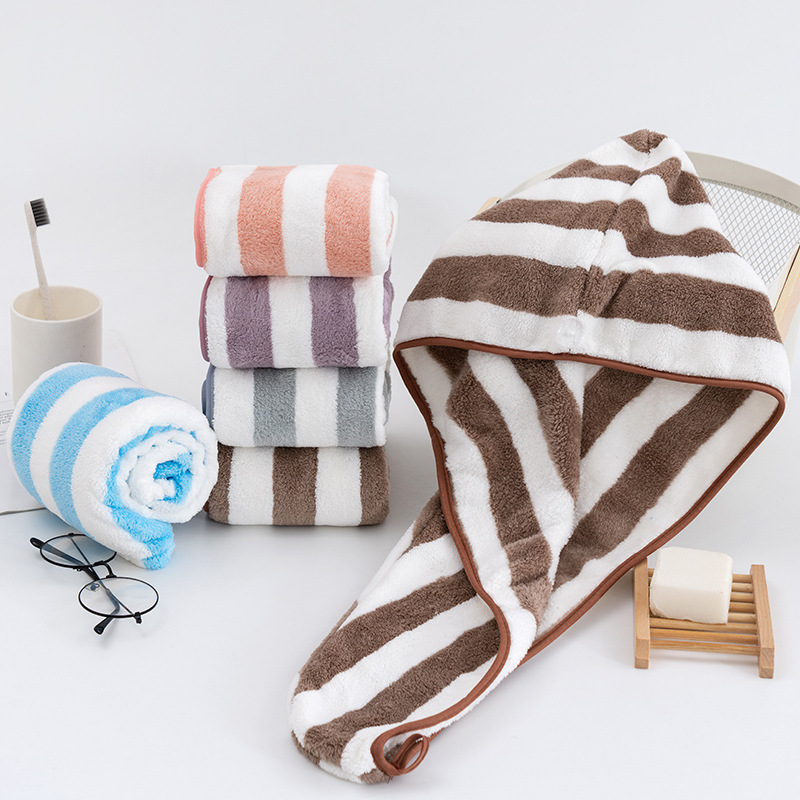 【 Chi Jia 】 Striped printed dry hair cap, dry hair towel, bathroom coral fleece absorbent towel, bath towel with buttons Application Scenario