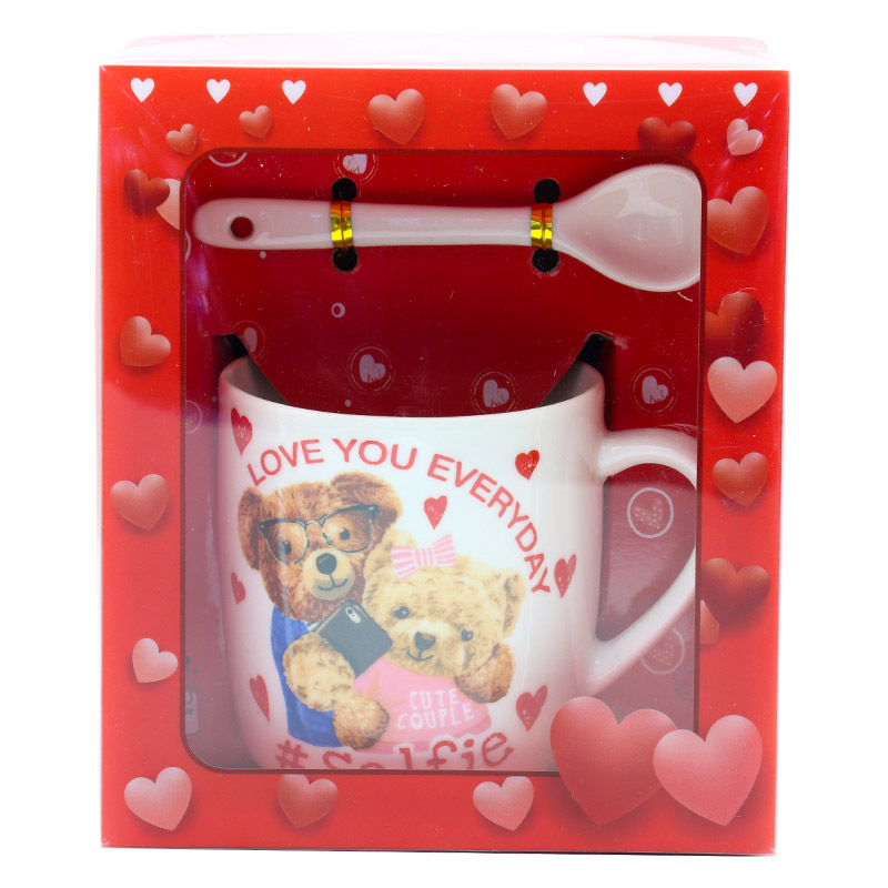 外贸新款情人节陶瓷咖啡杯情侣礼物卡通设计带手柄勺套装礼品