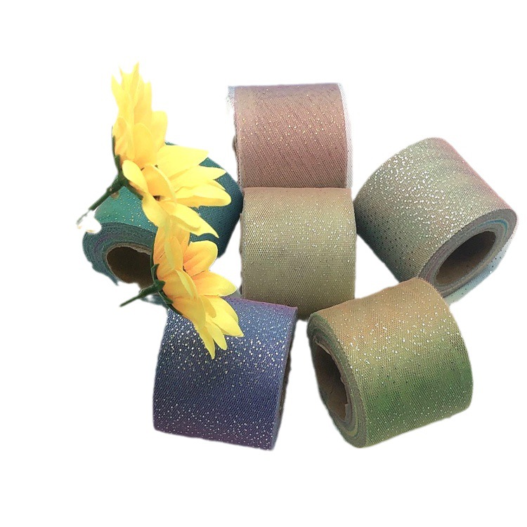6CM printed silver embossed rainbow gradient mesh fabric handmade DIY children's hair accessory material ribbon bow accessory Item Picture