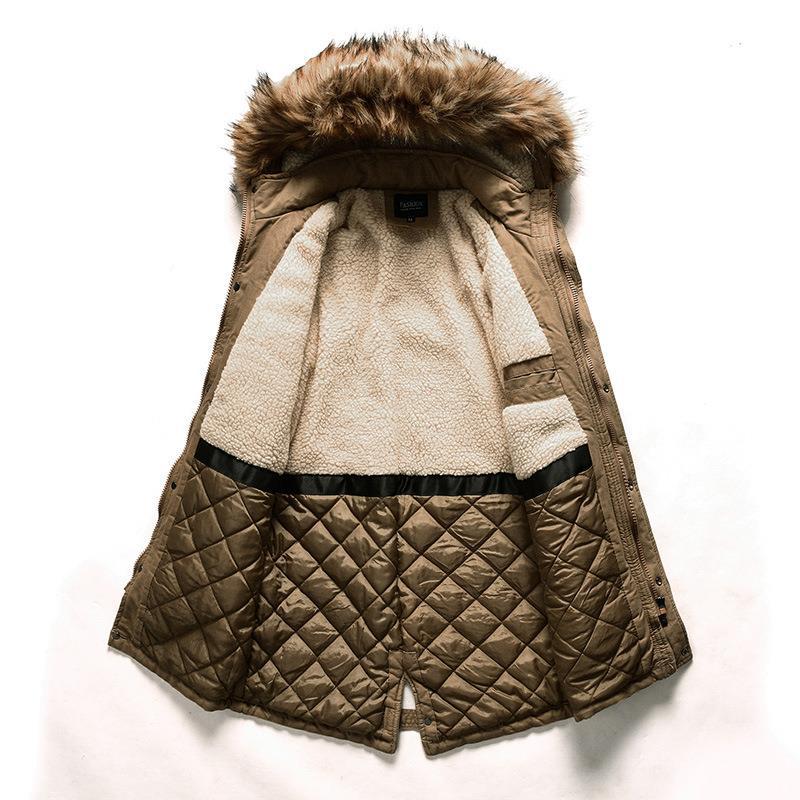 Men's trendy cotton-padded jacket for export, with a woolen collar, thickened fleece, washed coat, winter casual hooded warm cotton-padded jacket, mid-length style Item Picture