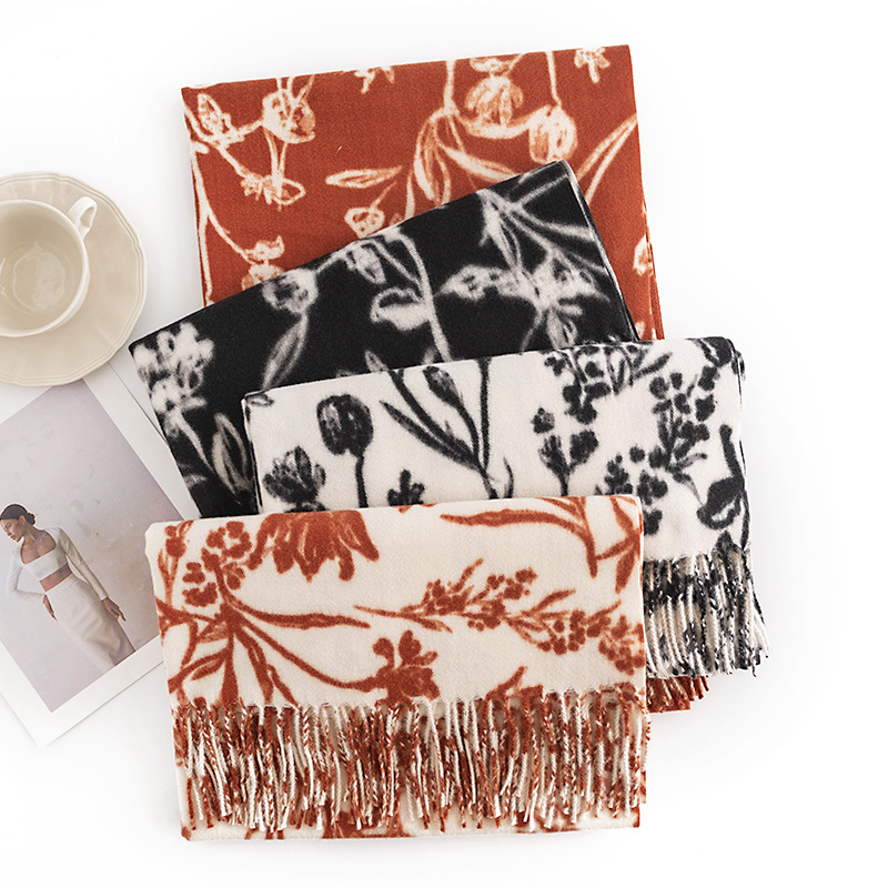 New Imitation Cashmere Scarf Female Cream Sweet Sister Wind Autumn And Winter Printed Scarf Korean Version Korean Neck Network Red Shawl