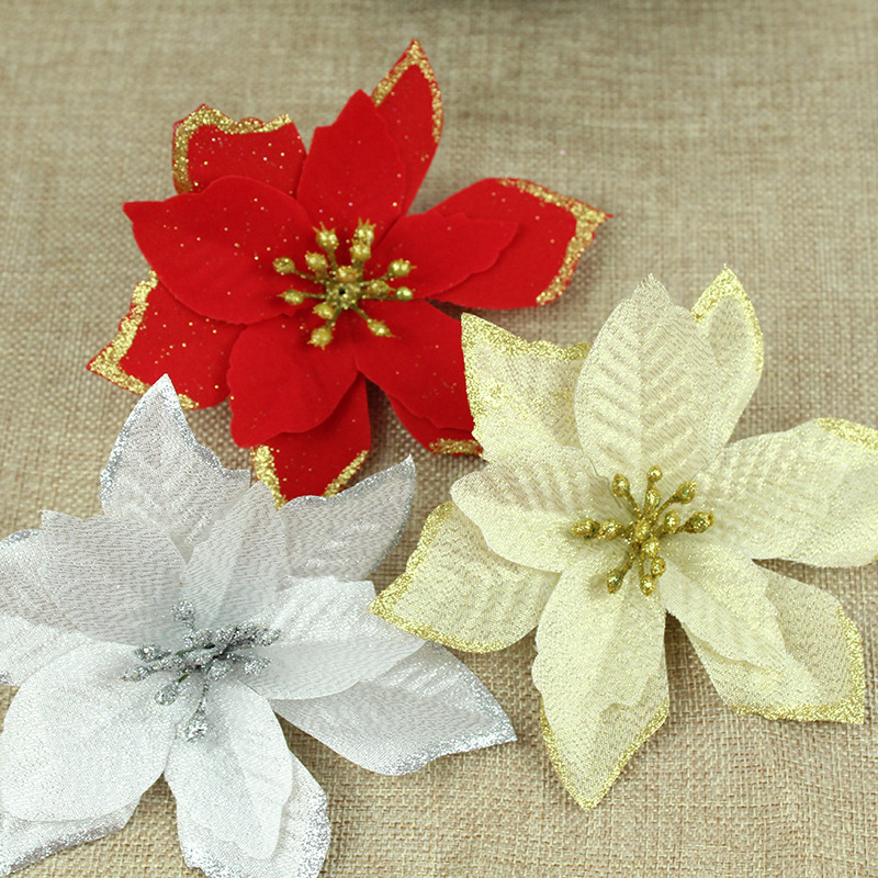 2020 Christmas Gold Powder Edge Simulation Flower Christmas Flower Wreath Accessories Simulation Flower Christmas Tree Decoration Wholesale details Picture