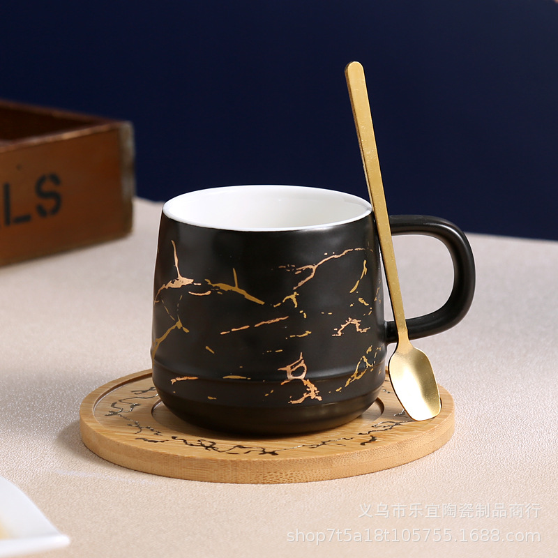 创意欧式陶瓷杯大理石纹色釉喝水杯马克杯竹托盘咖啡杯礼物伴手礼