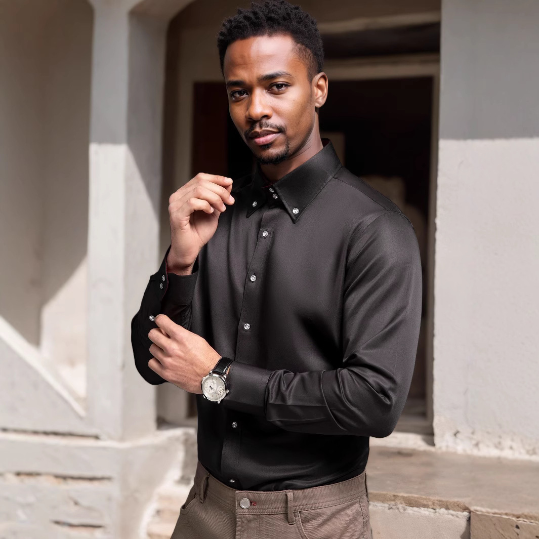 跨境外贸尖领衬衫男欧码水晶扣素色男装高领男士衬衫长袖礼服衬衣