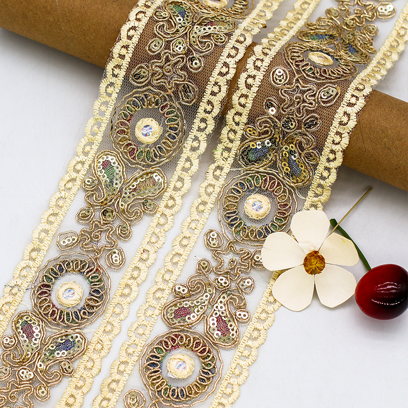 外贸跨境民族风花边辅料金股线镜片刺绣花边服装国风汉服配饰DIY