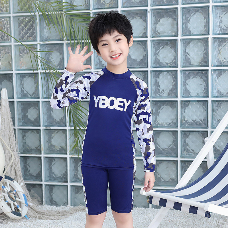 Professional Wholesale New Small And Large Children's Separate Set Children's Swimsuit Camouflage Long Sleeve Quick Dry Boy's Swimsuit