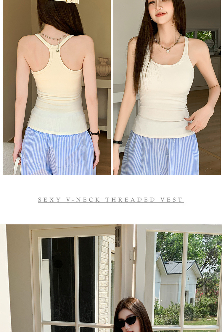 H136吊带背心女夏季辣妹美式性感修身显瘦无袖U领带胸垫内搭上衣详情11