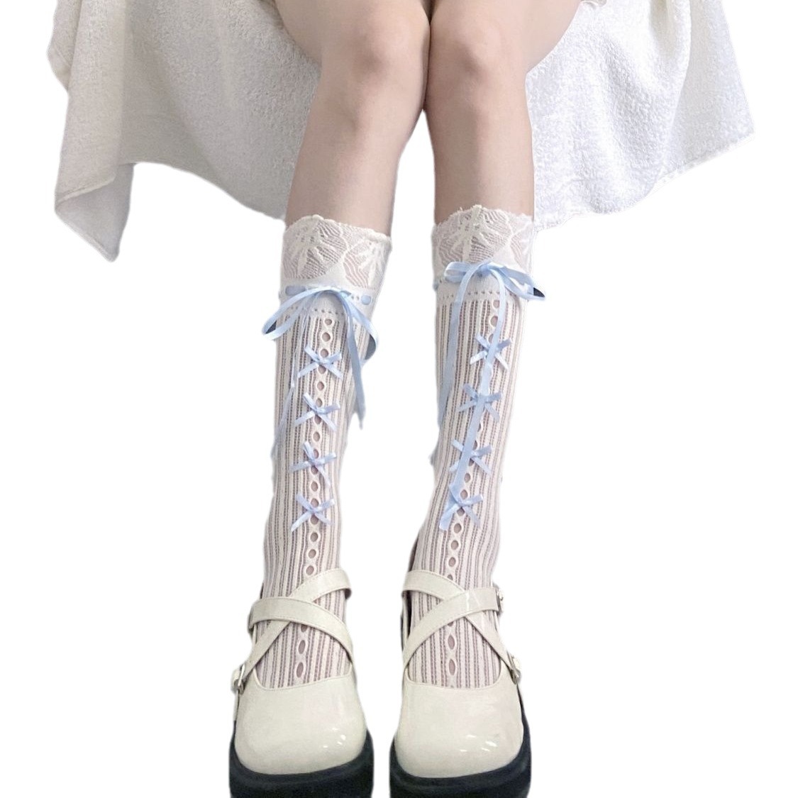 Lolita sweet tie bow mid-calf socks printed lace Japanese jk calf socks wholesale one-piece consignment Item Picture