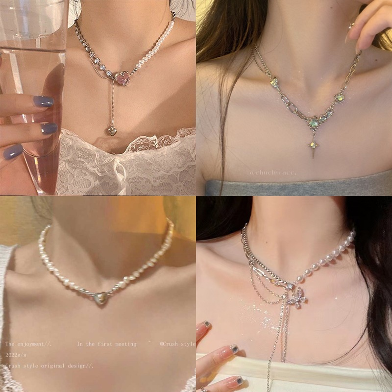 Fresh, sweet and pure, heart-shaped necklace for women, light luxury and niche design sense, zircon pearl collarbone chain wholesale for women