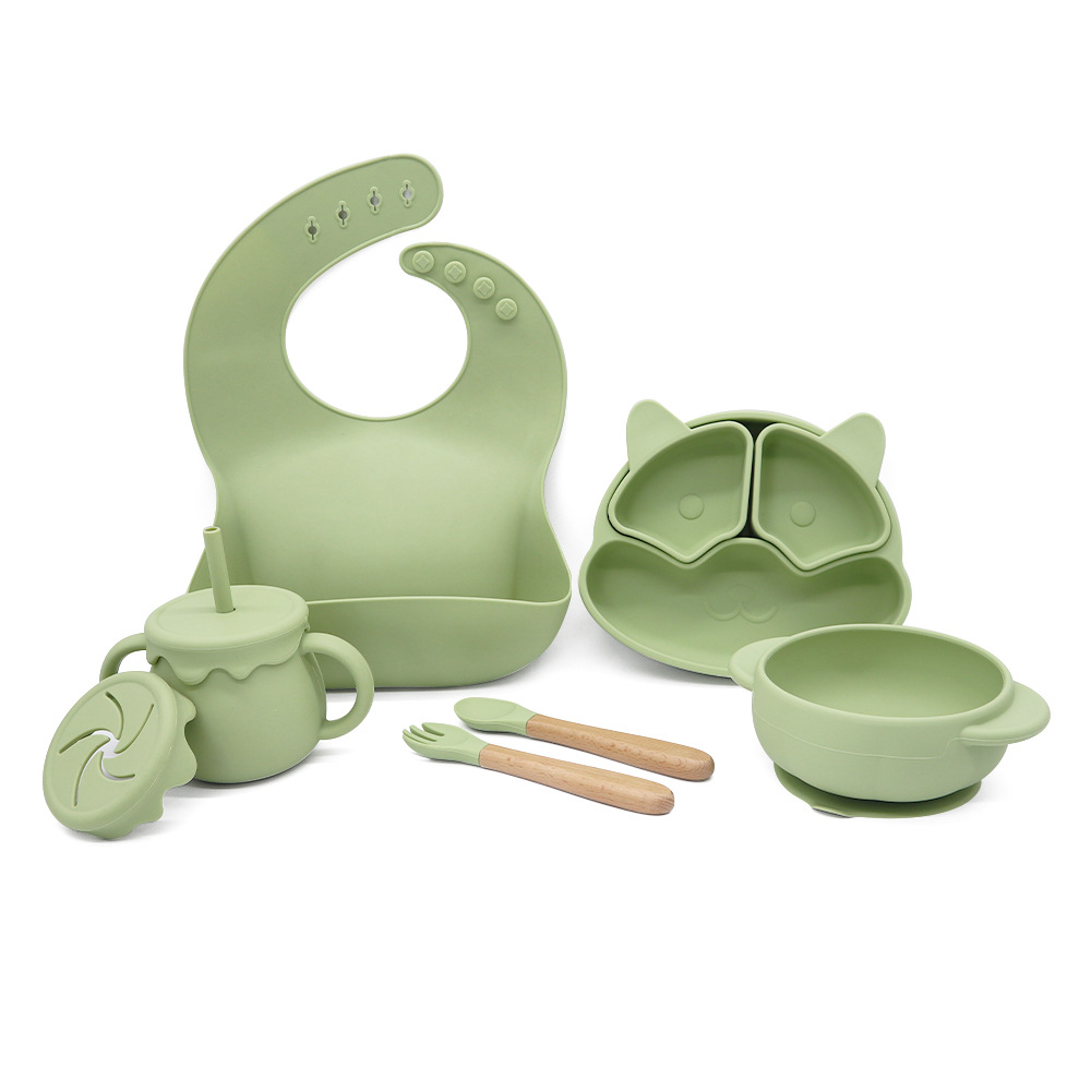 Nordic-style baby tableware set combination, baby food forks and spoons, silicone bibs, plates and bowls, children's feeding tableware set Item Picture