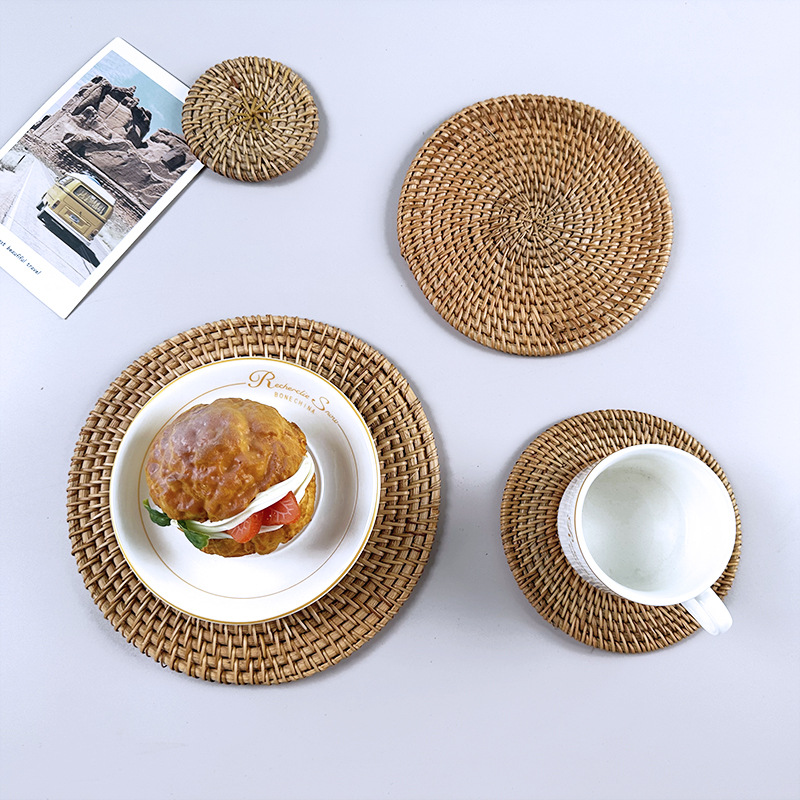 Autumn Rattan Woven Cup Mat Japanese Cup Mat Round Casserole Mat Pot Mat Woven Tea Set Cup Mat Manufacturers Direct Wholesale Specification drawing
